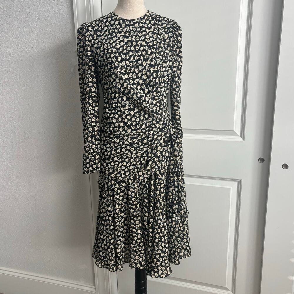 Vintage 80s Liz Roberts‎ Mary Ann LaMonte Ruched Black Floral Ruffle Dress XS S